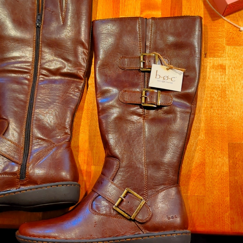 Dark brown b.o.c. women's Virginia wide shaft faux leather tall boots.